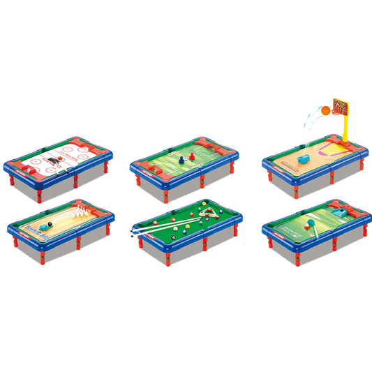 HKM-924307 Mini 6-in-1 Interactive Tabletop Game Set for Pool, Hockey, Basketball, and Golf, Ages 3+