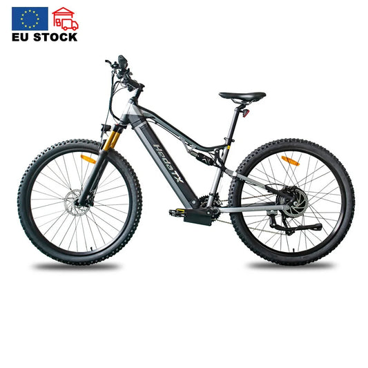 HKM-931283 1000W Full Suspension 29 Inch Electric Mountain Bike with 27 Speed Gears, Hydraulic Disc Brakes, and 60-70 Nm Torque