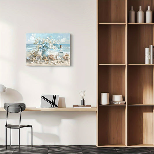 HKM-936659 Framed Blue Vase Floral Canvas Art with Wooden Frame for Home and Office Decor