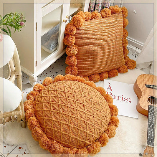 HKM-943123 Mint Green Textile Knitting Cushion Cover with Tassels - Modern Round Pillow for Living Room or Bedroom