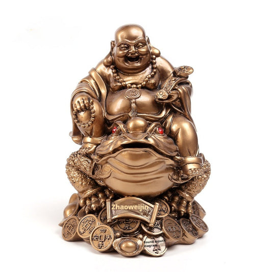 HKM-969427 Large Copper Maitreya Buddha Ornament Sitting on a Golden Toad, Resin and Plastic, Chinese Style