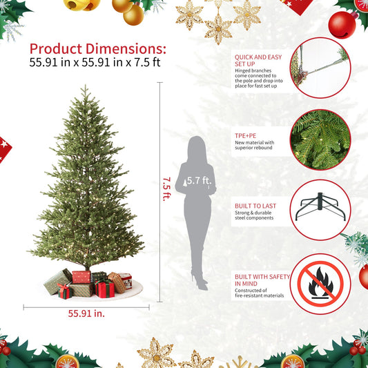 HKM-973907 Pre-Lit 7.5ft Artificial Balsam Fir Christmas Tree with 3,941 Branch Tips and 1,485 LED Lights
