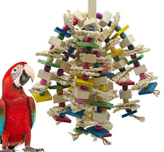 HKM-974035 Natural Wood and Corn Husk Parrot Toys for Chewing | 30-50cm Length, 350g Weight
