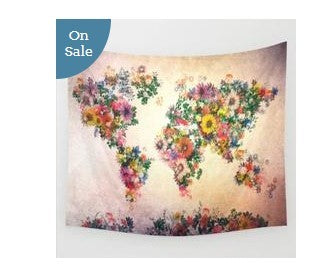 HKM-976787 Vintage Watercolor World Map Tapestry Wall Hanging, Cotton Linen Art Home Decor, Multiple Sizes Available