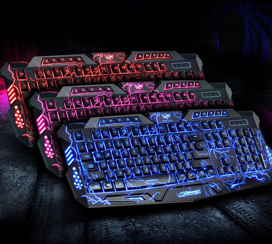 HKM-979411 Tricolor Backlit Wired Gaming Keyboard and Mouse Set with 108 Keys and USB Connection