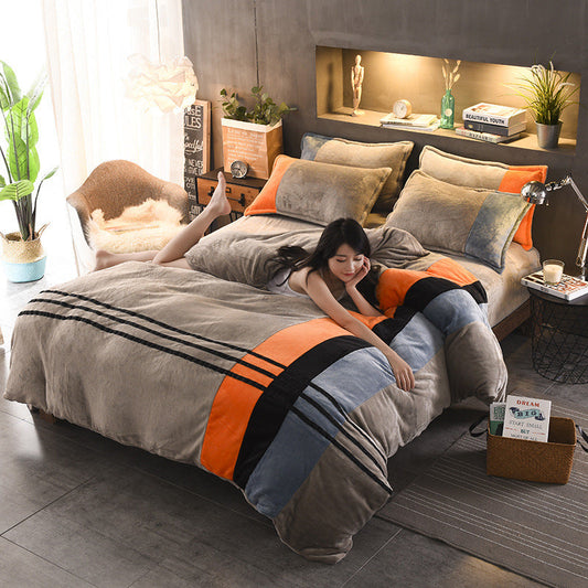 HKM-981843 Autumn and Winter Four-Piece Thickened Striped French Velvet Sheet Set