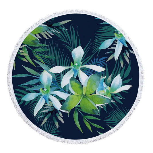 HKM-986131 Tropical Leaves Microfiber Round Beach Towel - 150cm x 150cm