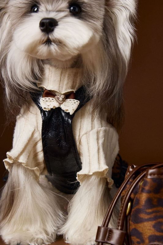 HKM-995987 Casual Lace Bow Bottoming Shirt for Dogs in Coffee and Beige, Various Sizes Available