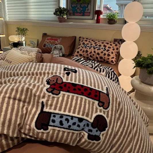 HKM-999955 Coffee Striped Cotton Four-Piece Bedding Set with Embroidered Designs and Fitted Options