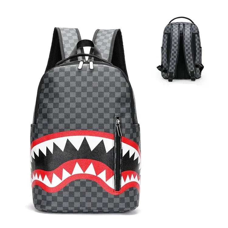 KTX-069843 Sprayground Backpack Large Capacity Waterproof PU Polyester Shark Design Laptop Black Backpack for School and Travel