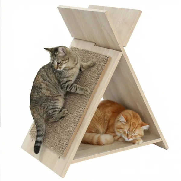 HKM-7749437 Multi-Functional Cat Scratcher with Tunnel and Wooden Lounge, 18.5"x12"x21"