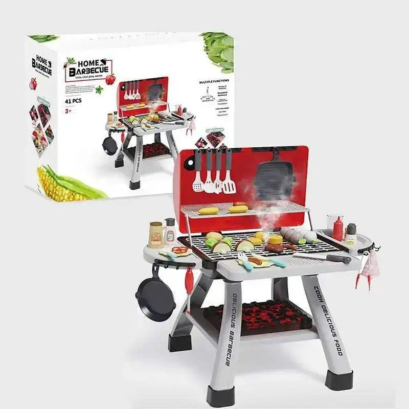 KTX-160787 41-Piece Kids Pretend Play Kitchen BBQ Grill Play Set with Double Deck BBQ and Food Accessories
