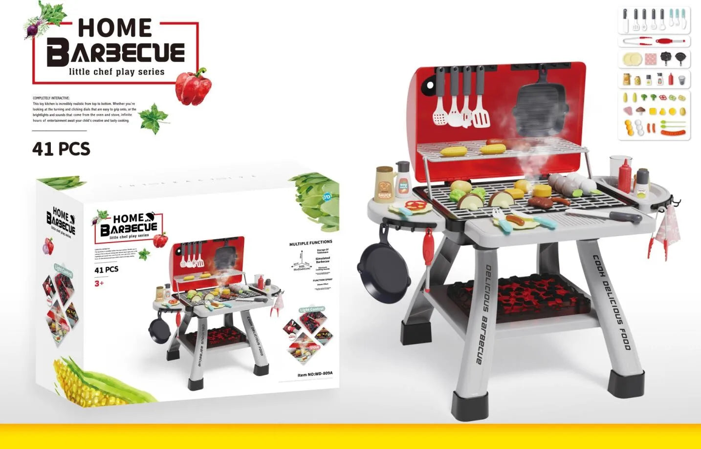 KTX-160787 41-Piece Kids Pretend Play Kitchen BBQ Grill Play Set with Double Deck BBQ and Food Accessories