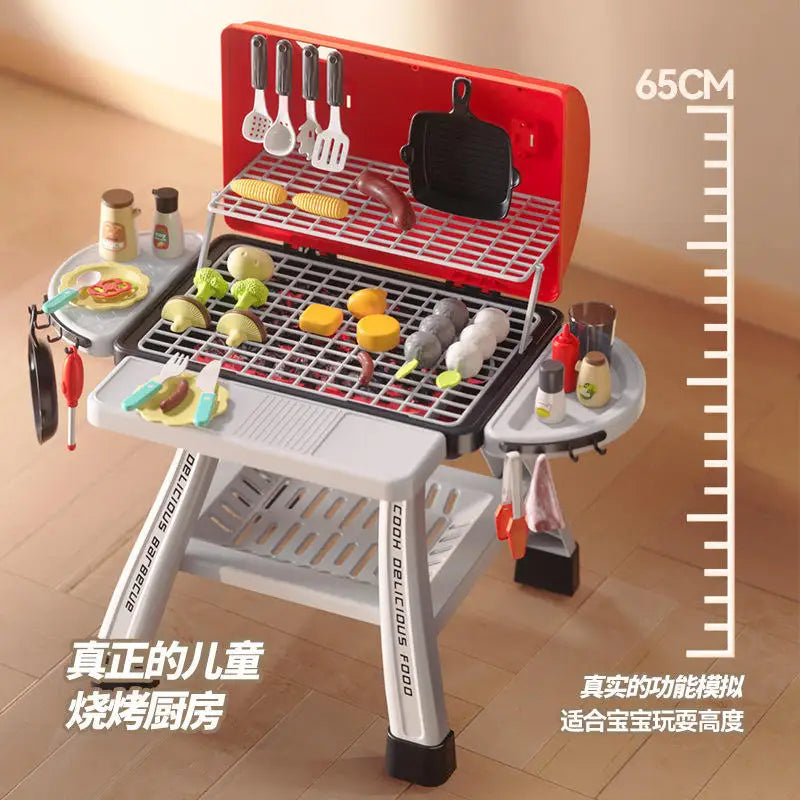 KTX-160787 41-Piece Kids Pretend Play Kitchen BBQ Grill Play Set with Double Deck BBQ and Food Accessories