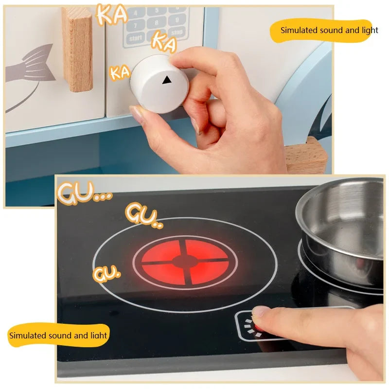 KTX-996947 Classic Blue Wooden Pretend Play Kitchen Toy Set with Simulated Water Faucet for Kids