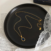 HKM-756307 Vintage Style Titanium Steel Square Stone Pendant Necklace 18K Gold Plated Blue Diamond Stainless Steel Necklace