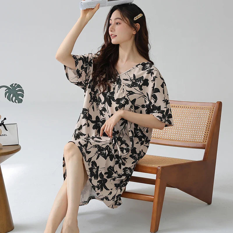 KTX-361939 Nightgown for Women Loose Sleepwear V Neck Pajama Dress Soft Nightshirt Short Sleeves Nightdress Print High-end Dresses