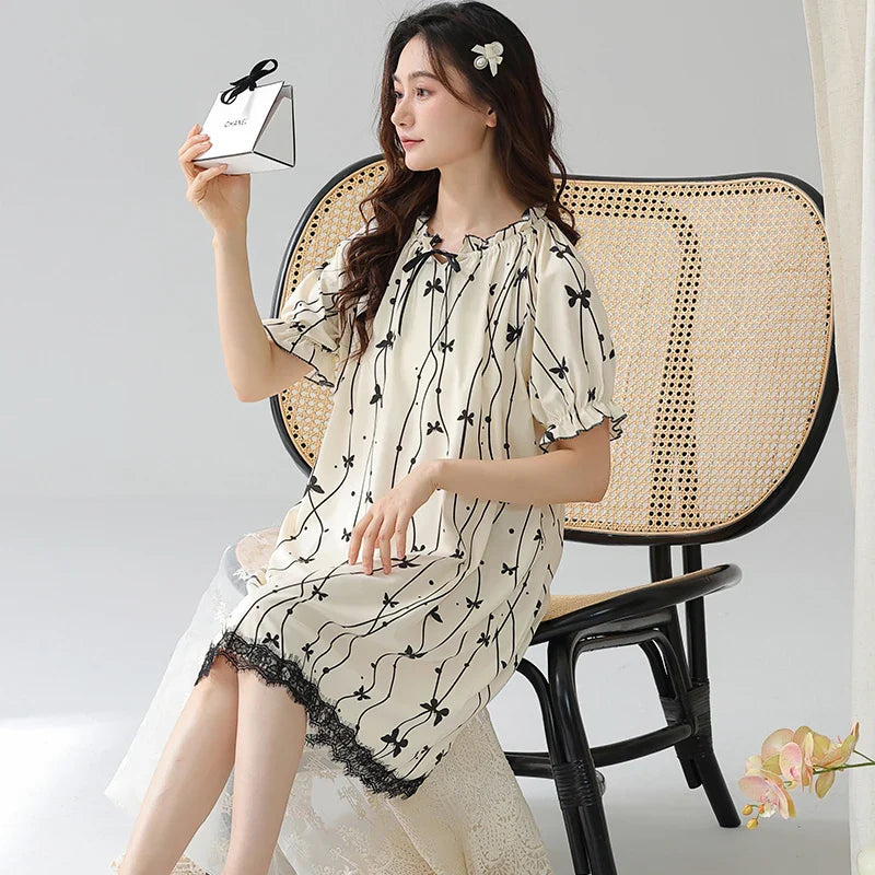 KTX-394707 2024 Summer Cotton Girls Nightgowns Lady Pajamas Sets for Women Short-sleeved Nightdress