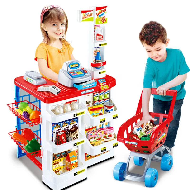 KTX-142675 Cashier Counter Playset with Shopping Cart and Tent House for Kids