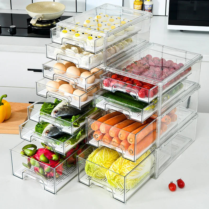 KTX-631187 BPA-Free Clear Plastic Drawer Organiser with Drain Tray for Fridge and Pantry Storage
