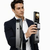 HKM-8791379 smart lock in hand with keypad and indoor screen