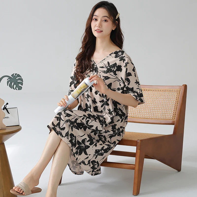 KTX-361939 Nightgown for Women Loose Sleepwear V Neck Pajama Dress Soft Nightshirt Short Sleeves Nightdress Print High-end Dresses