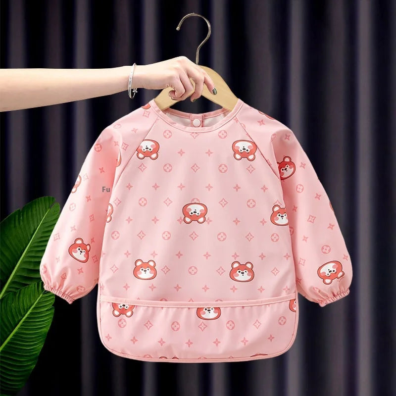 HKM-933651 Autumn Winter Kids Long-Sleeved Blouse New Arrival Full Body Waterproof PU Baby Apron Outwear with Snap Buttons Baby Bibs