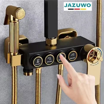 KTX-015635 Modern Black Gold Brass Square Shower System and Bathtub Mixer Faucet with Ceramic Finish