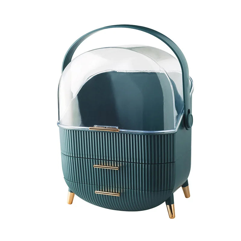 KTX-548691 360° Rotating Makeup Organizer with Lid and 2 Drawers – Space-Saving Skincare Storage Solution