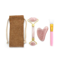 HKM-964051 Rose Quartz Facial Massage Roller and Gua Sha Set with Pouch and Gift Box