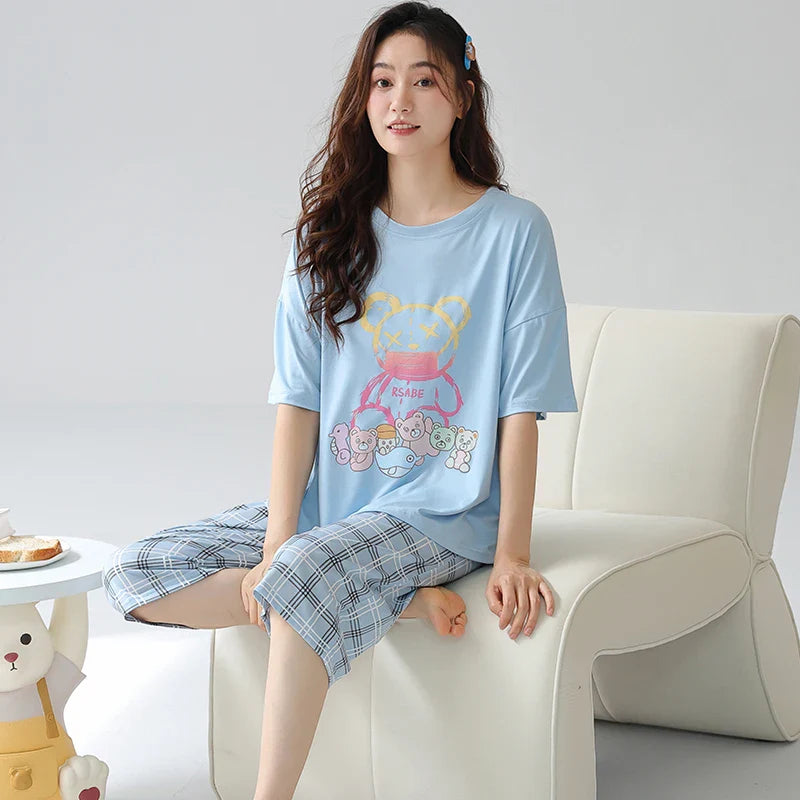 HKM-477203 Women's Cotton Short-sleeved Seven-point Pants Summer Home Service Suit Women's Loose Hedging Cartoon Pajamas