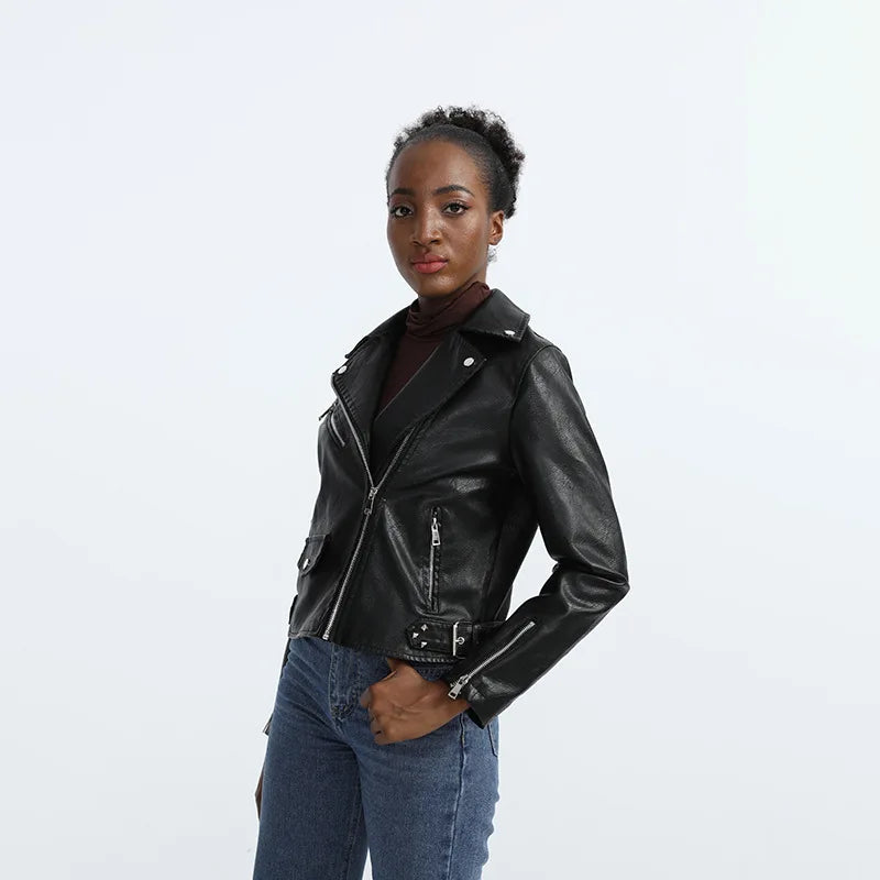 HKM-078227 Women's Fall/Winter European American Temperament Jacket PU Leather With Zipper Women's Clothing Jacket Custom