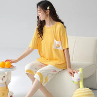 HKM-772115 Cartoon Women Pajamas Set Cotton Soft Sleepwear Pjs Short Sleeve Nightwear With Seven-point Pants