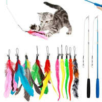 HKM-112275 Eco-Friendly Plush Cat Toy Set with Retractable Rod and Feather Replacement Head for Interactive Play