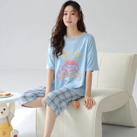 HKM-477203 Women's Cotton Short-sleeved Seven-point Pants Summer Home Service Suit Women's Loose Hedging Cartoon Pajamas