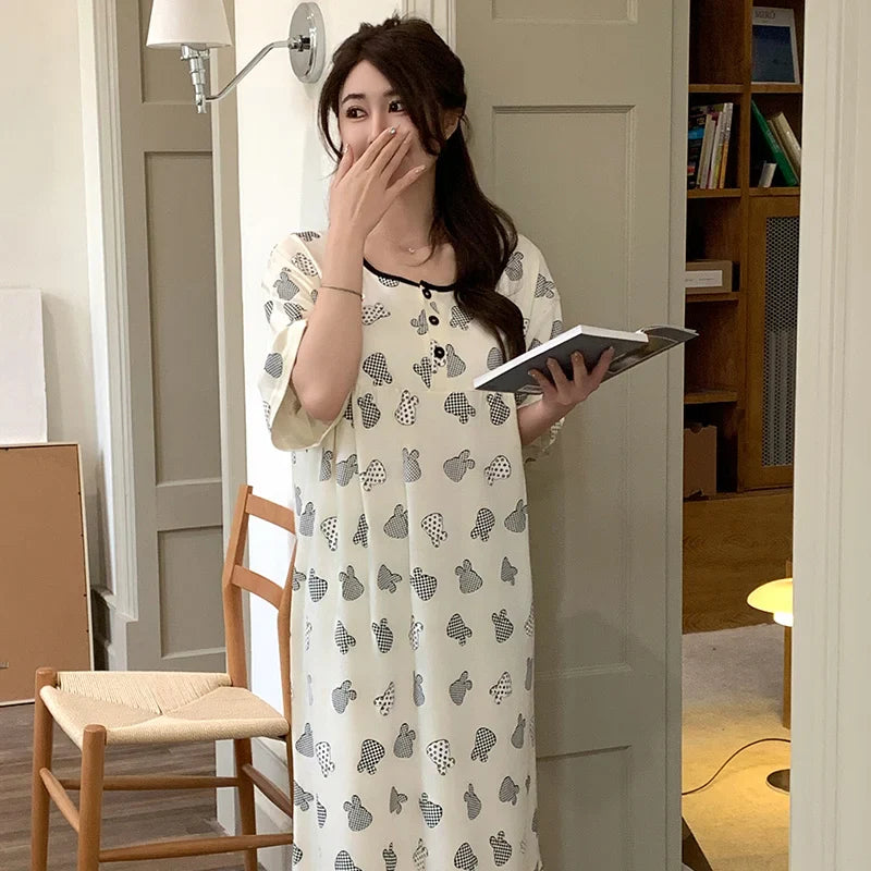KTX-198099 Mid-length Fashion Nightdress Summer New Cotton Nightgown Cartoon Round Neck Short Sleeves Loose Loungewear Dress