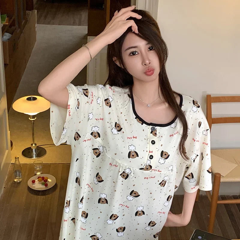 HKM-296403 New Buttons Thin Less Ladies Cotton Pajamas Summer Round Neck Short-sleeved Cartoon Women's Nightgown