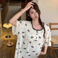 HKM-296403 New Buttons Thin Less Ladies Cotton Pajamas Summer Round Neck Short-sleeved Cartoon Women's Nightgown
