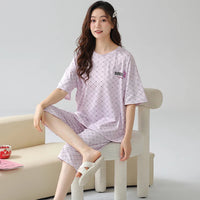HKM-608275 Pajamas Women's Summer Cotton Short Sleeved Seven-point Pants Casual Light Purple Home Clothes Two-piece Suit