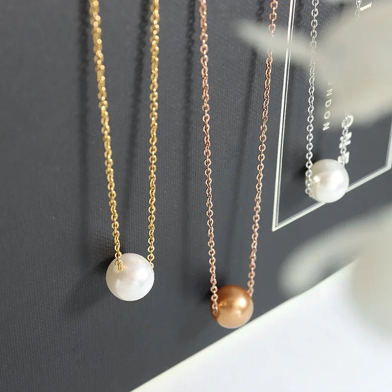 HKM-461395 Fashion Jewelry Gold Plated Freshwater Pearl Necklace Stainless Steel Chain Link Natural Pearl Pendant Necklace