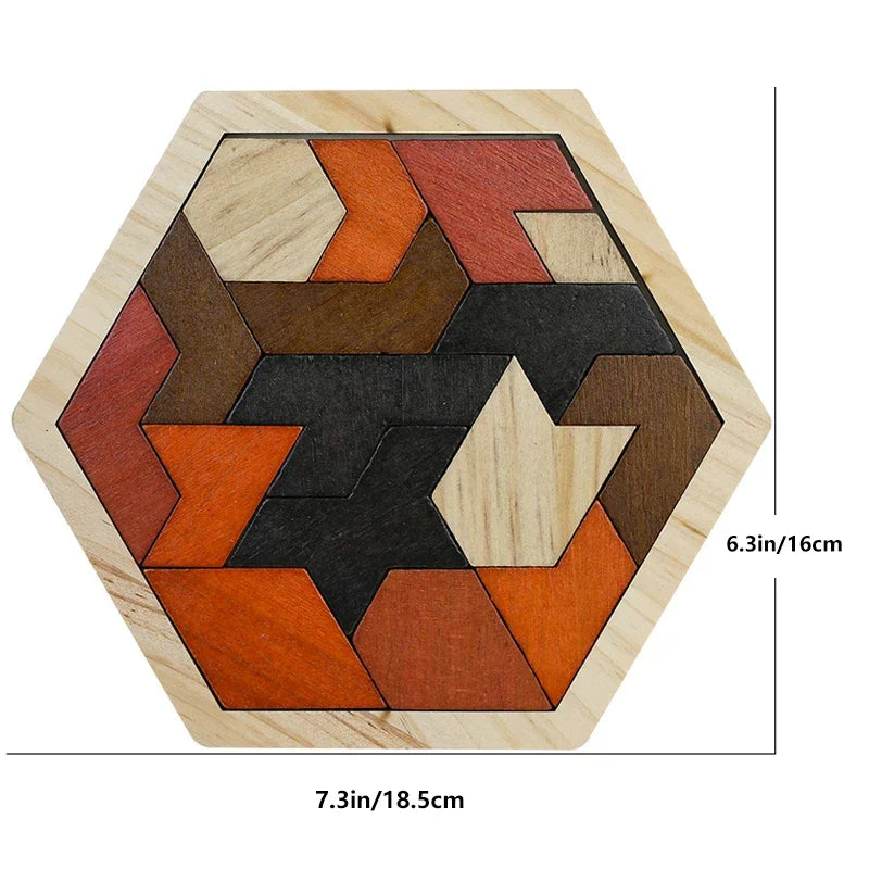 KTX-727891 3D Hexagonal Wooden Puzzle Set for Children – Educational Montessori Tangram Toys