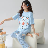HKM-067027 New Thin Pajamas Casual Loose Short-sleeved Trousers Suit Summer Outerwear Cotton Home Service