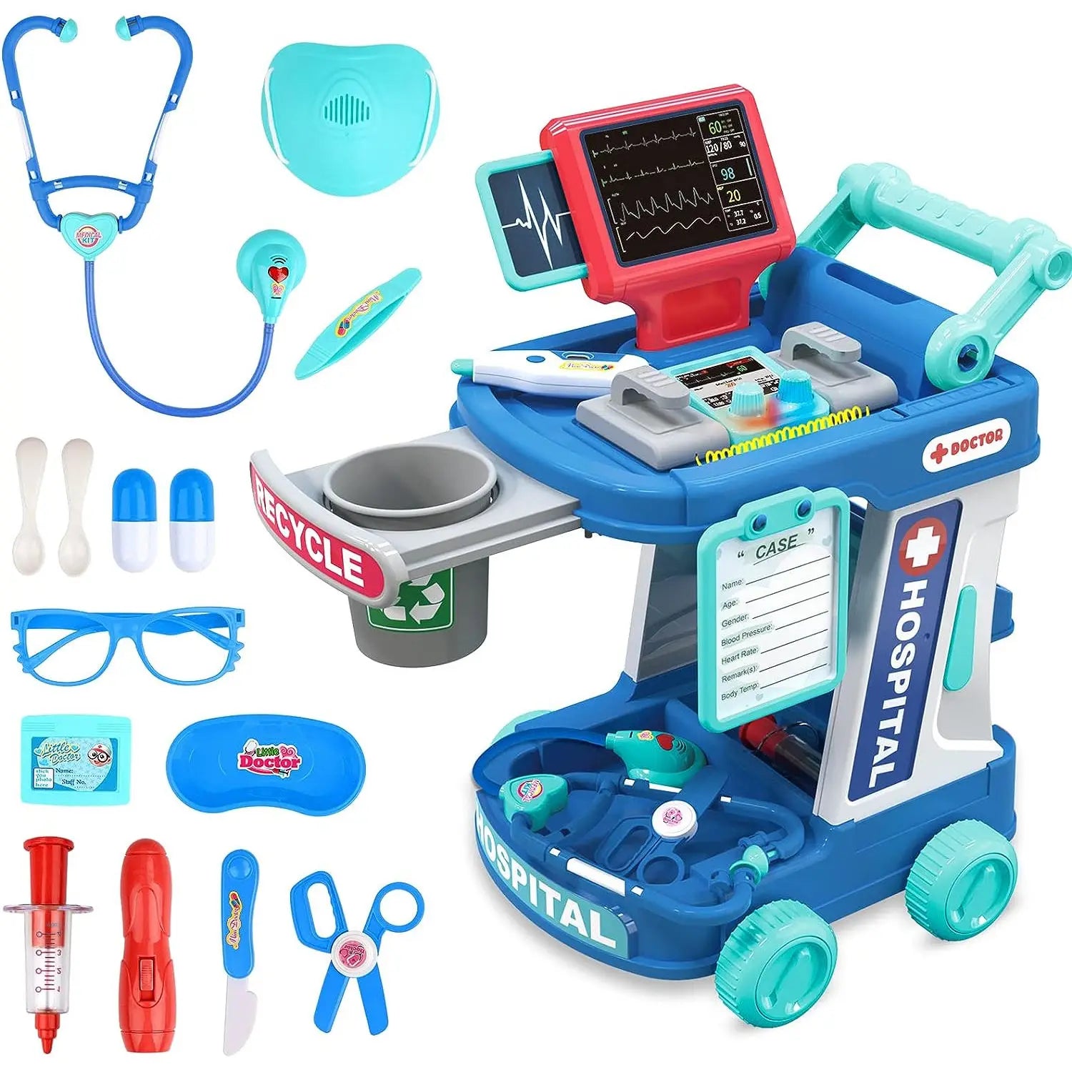 HKM-229843 Kids Doctor Play Set - Pretend Play Medical Trolley for Ages 2 to 13 Years - Plastic Components