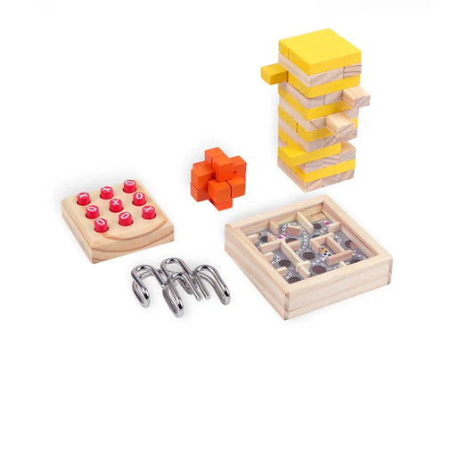 KTX-620371 5-in-1 Wooden Block Puzzle Set with Metal Ring Brain Teaser for Kids