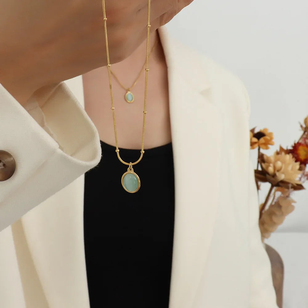 HKM-166483 New Trend 18K Gold Plated Opal Pendant Necklace Vintage Classic Stainless Steel Oval Natural Stone Necklace for Women Girls