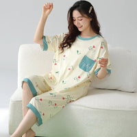 HKM-509971 High Quality Super Soft Cute Printing Short Sleeve Cropped Trousers Pyjamas Women Sleepwear