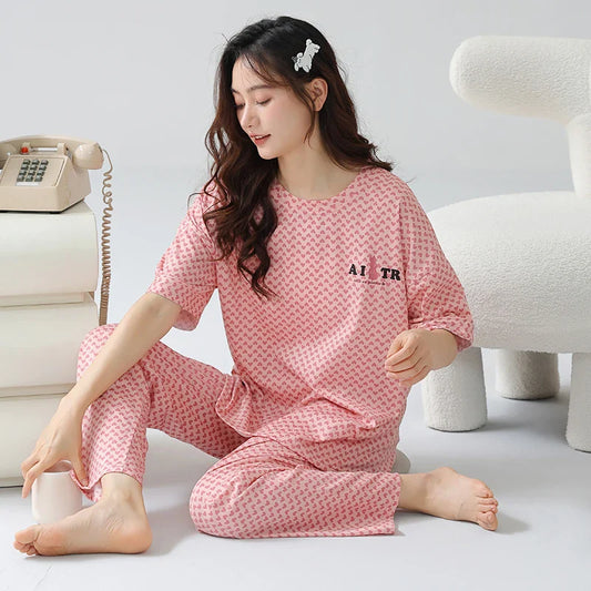 KTX-001491 Heart Shape Print Cotton Pajamas Two-piece Suit Summer Short-sleeved Long Pants Plus Size Home Service Set