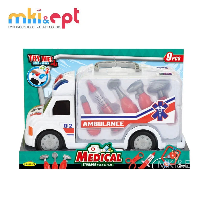 HKM-720211 Cartoon Musical Ambulance Toy Car with Medical Kit for Kids Ages 2-13