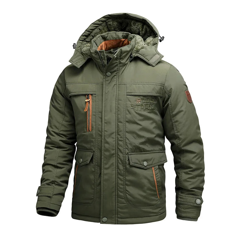 HKM-455635 Men's Thick Cotton Jacket Men's Medium to Long Outdoor Cotton Jacket Winter Warm Cotton Jacket With Fleece Hood Men's Coats
