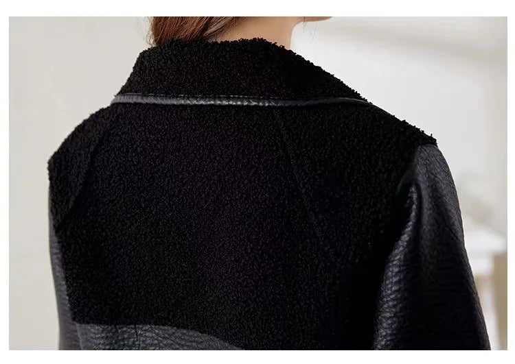 KTX-405907 Woman Leather Jacket Winter Mid to Long Length Fur Integrated With Plush Thickened Collar Wind Breaker Jacket